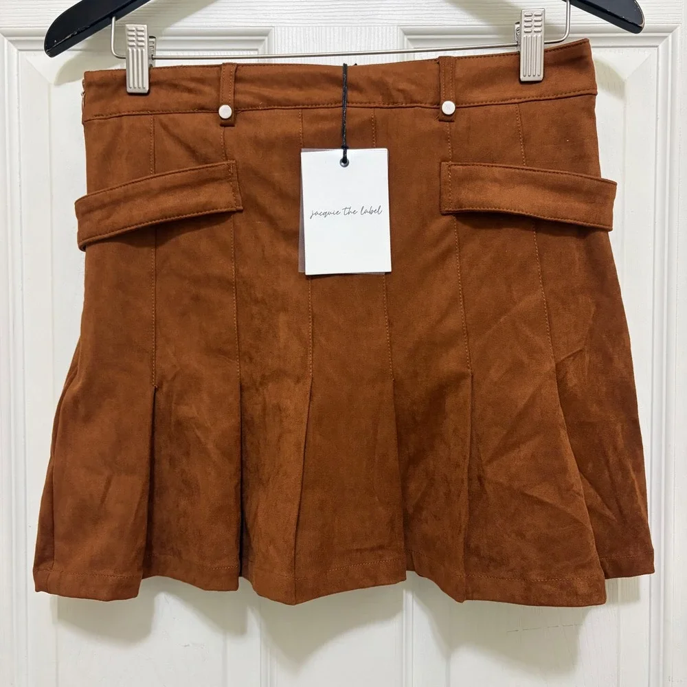 NEW Jacquie the Label Mini Skirt Faux Suede Brown Pleated Buckle Western Cowgirl
